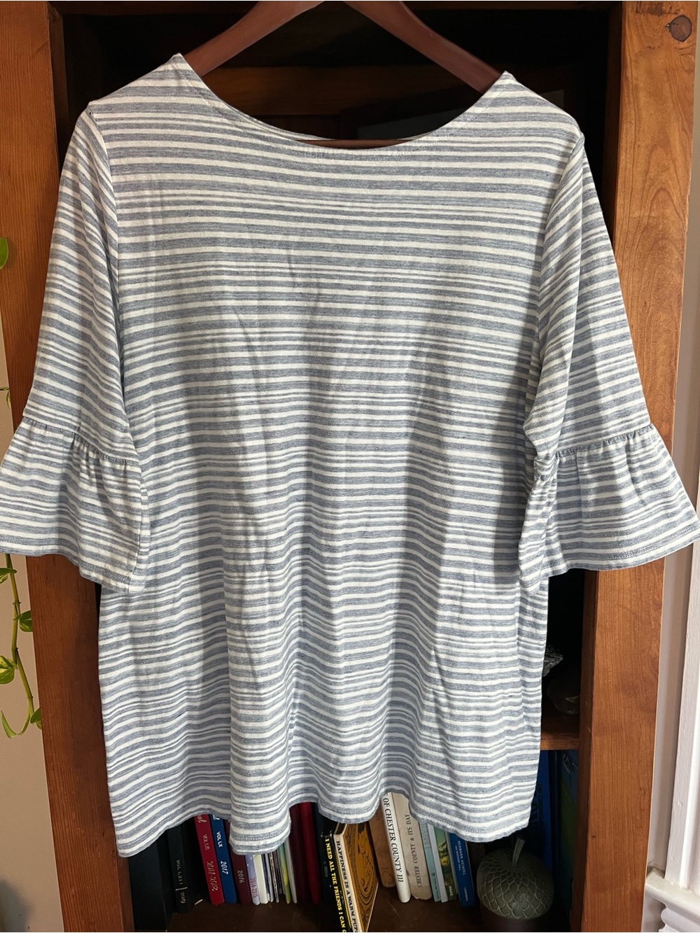 J. Jill 100% Cotton Blue & White Striped 3/4 Ruffle Sleeve Pleated Back Tunic